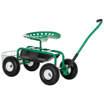 Puutarhavaunu istuimella, korkeussäädettävä 46–59 cm, kori ja hylly, ohjattava etupyörä, 150 kg, vihreä