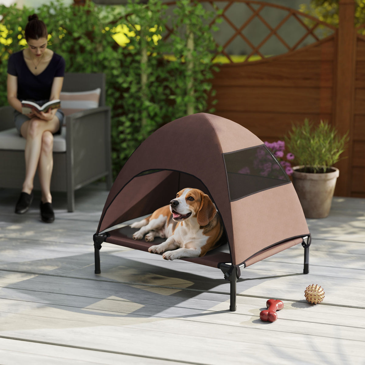 Koiran kenttäpeti irrotettavalla katoksella, korotettu 18 cm, keskikokoisille, 76 x 61 x 71 cm, kahvi