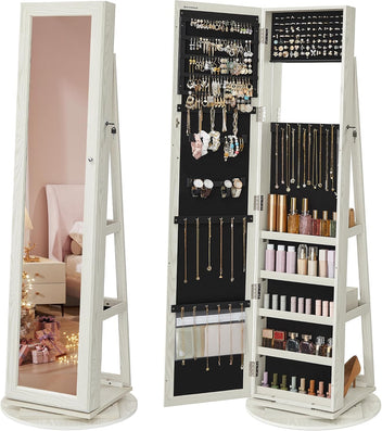 360° kääntyvä korukaappi, korkea kokovartalopeili, lukittava korukaappi sisäänrakennetulla pikkupeilillä ja takaosan säilytyshyllyillä, valkoinen