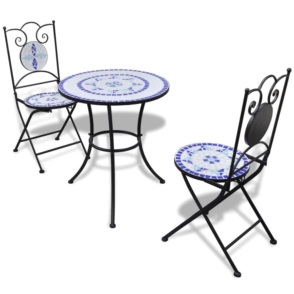 3-delat bistromöbelset, mosaikblått och vitt