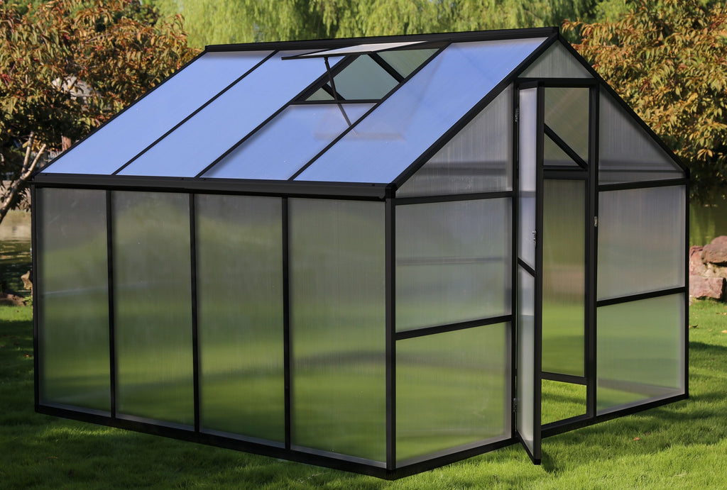 POHJOLA GARDEN Kasvihuone 5,75m2 + Sokkeli & Rännit 2024, Extra kestävä 600g/m2 kennolevyt, musta