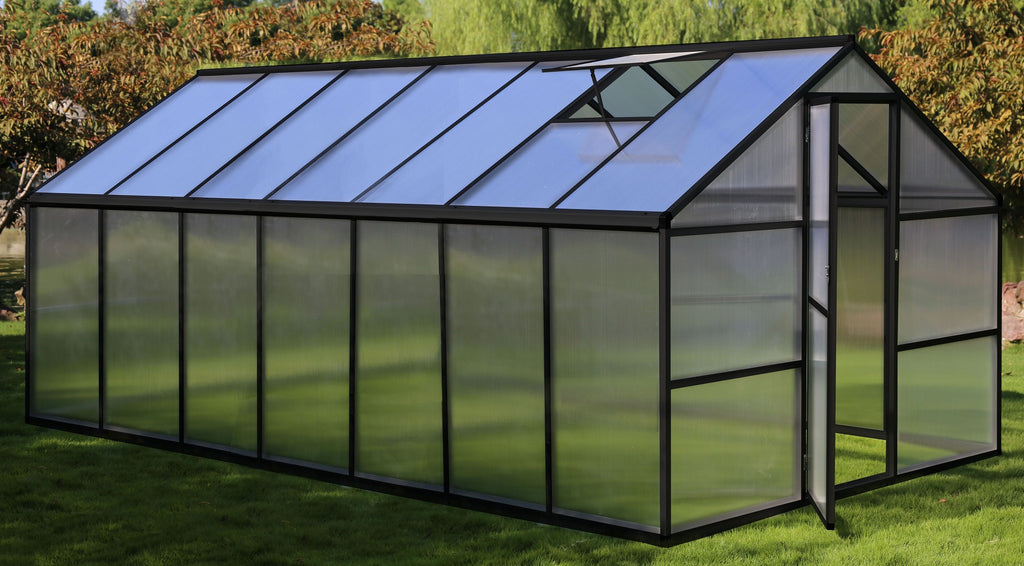 POHJOLA GARDEN Iso Kasvihuone 10m2 + Sokkeli & Rännit, 4mm 800g/M2 Kennolevyt, musta