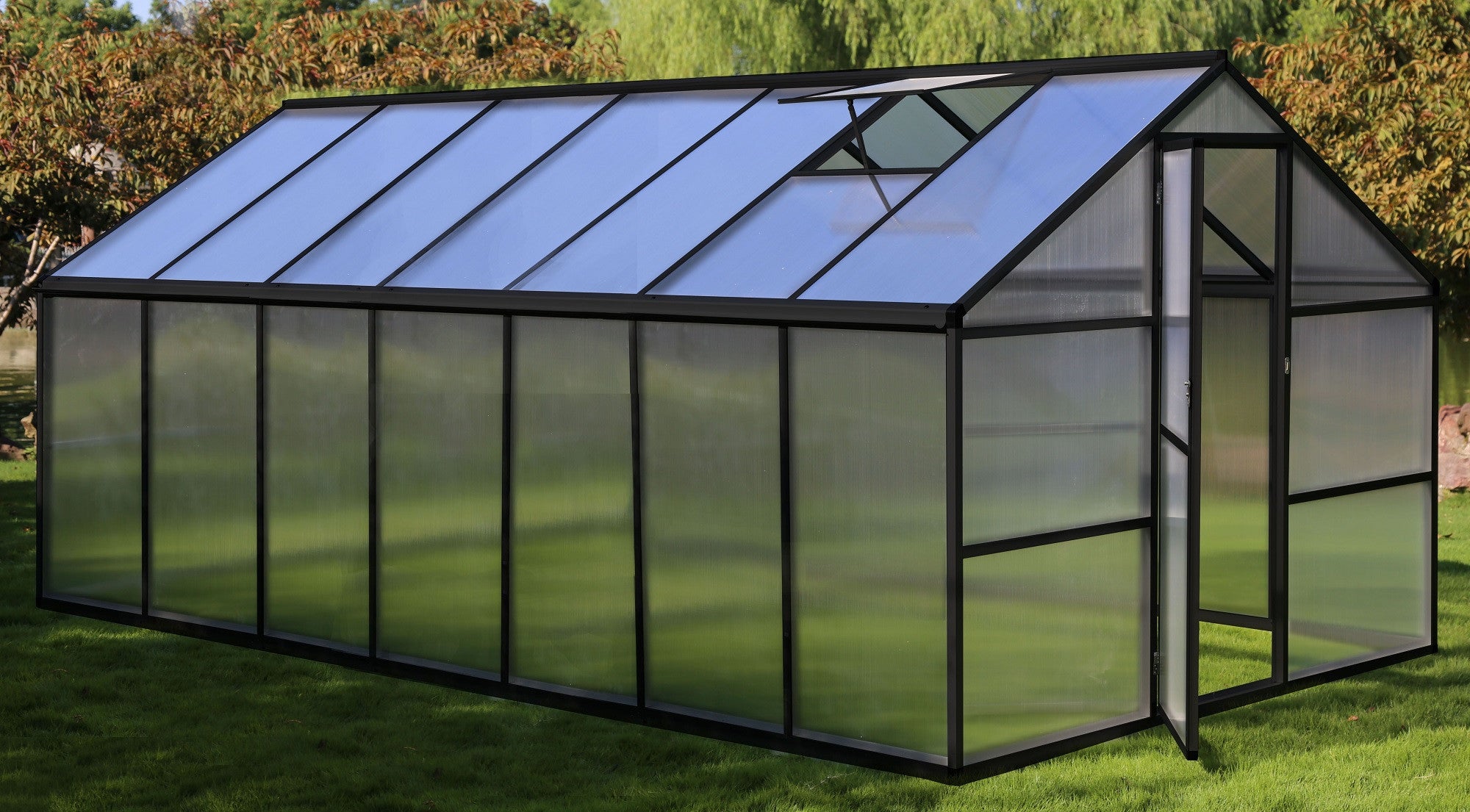 POHJOLA GARDEN Iso Kasvihuone 10m2 + Sokkeli & Rännit, 4mm 800g/M2 Kennolevyt, musta