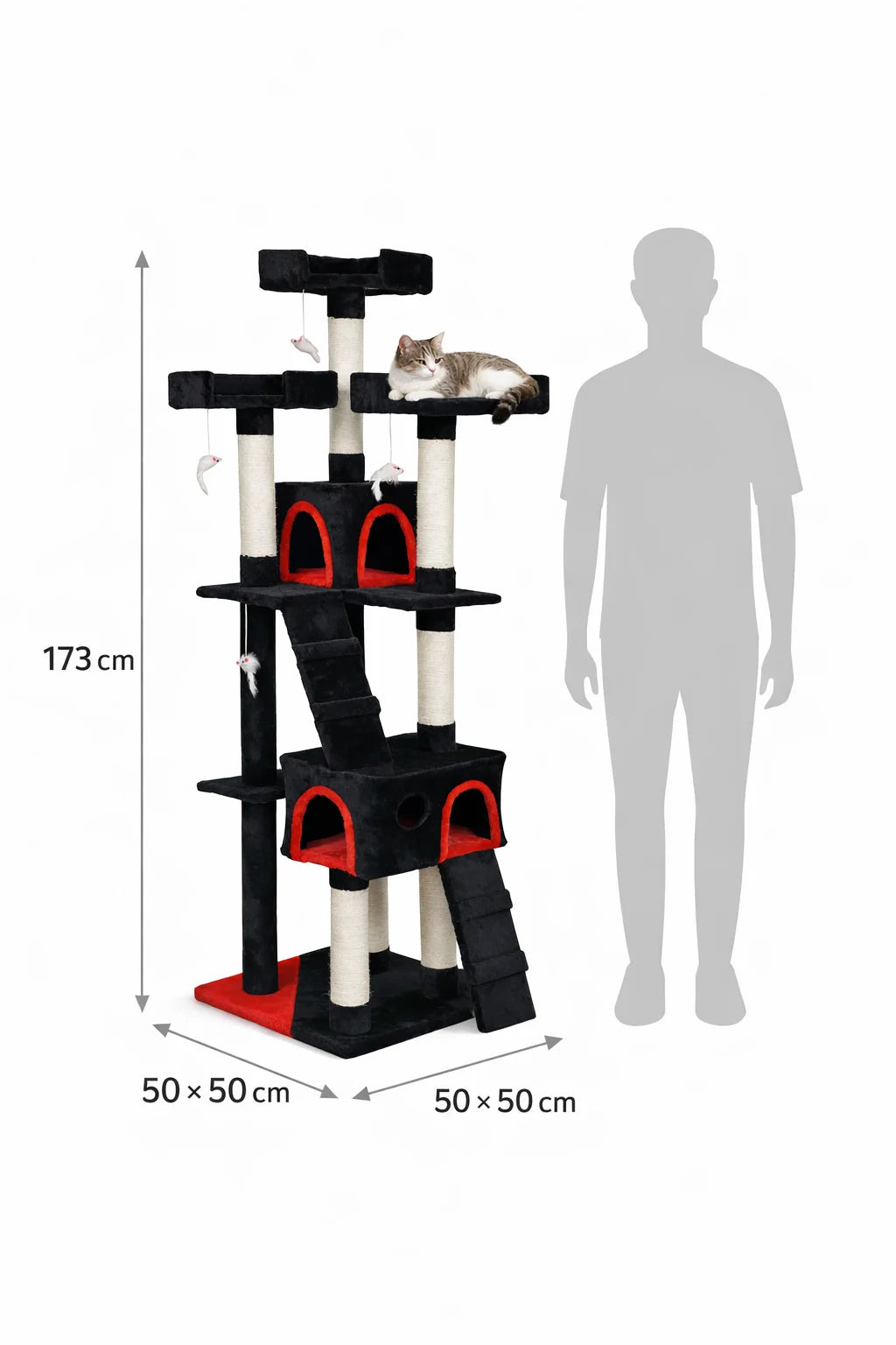 Kattklätterträd 170 cm – 2 grottor, 3 nivåer, 9 cm sisalstomme