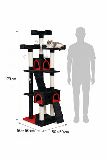 Kattklätterträd 170 cm – 2 grottor, 3 nivåer, 9 cm sisalstomme