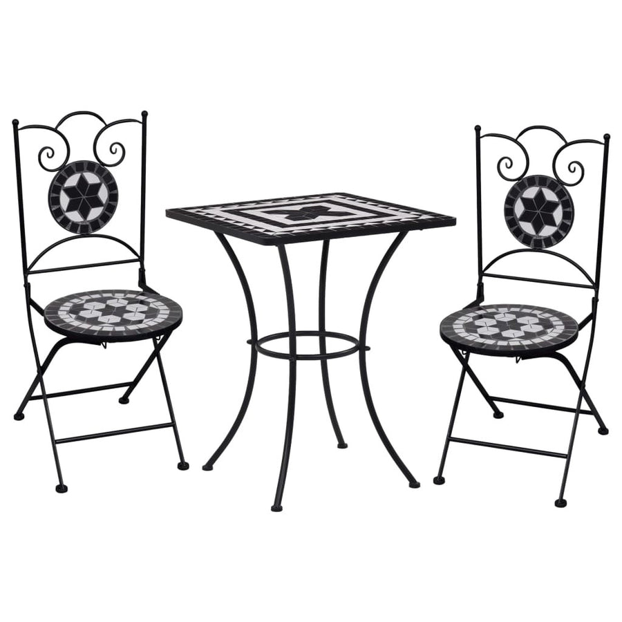 3-delat mosaikbistroset med keramiska plattor i svart och vitt.
