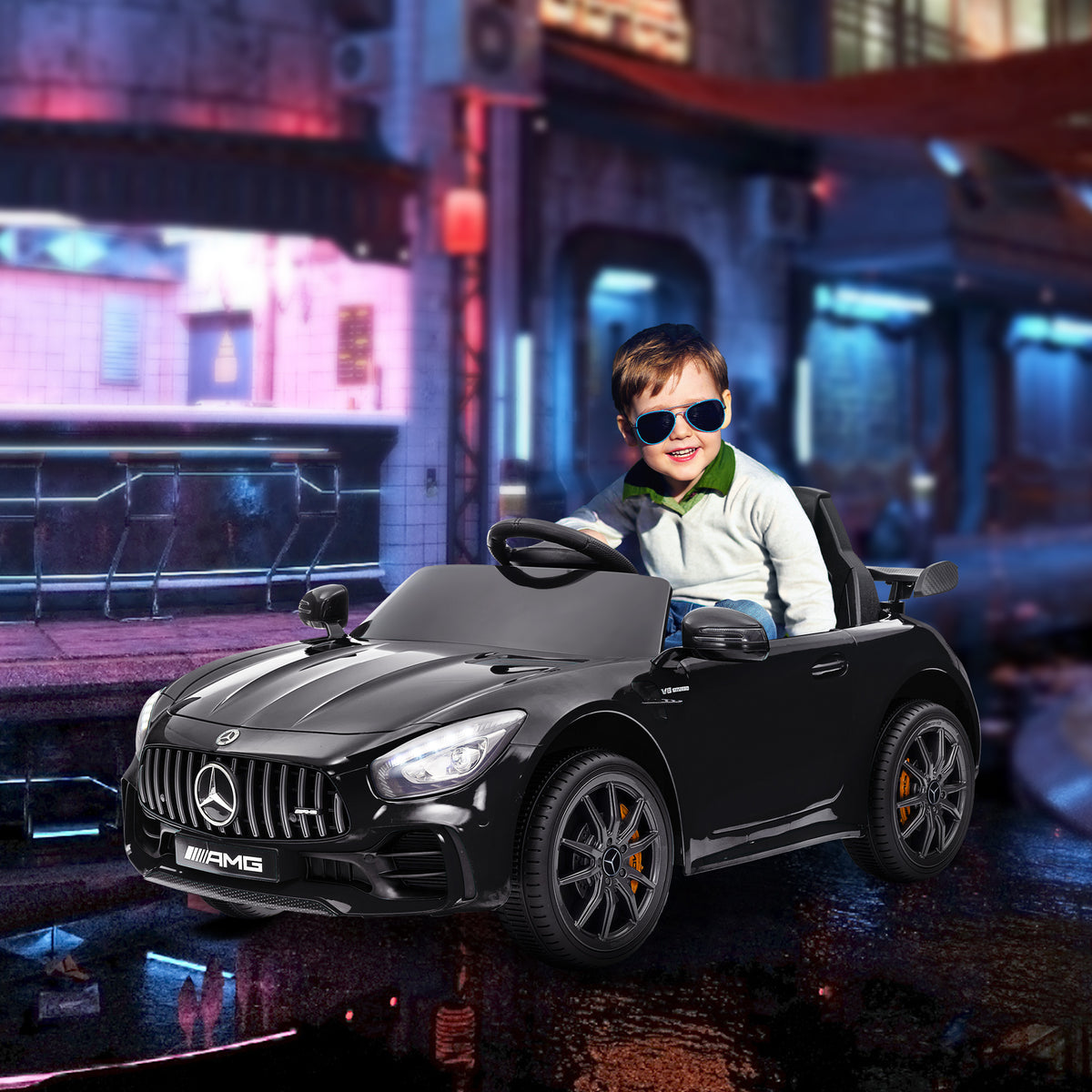 Lasten sähköauto Mercedes-AMG GT R 12V, kaukosäädin, valot ja musiikki, 3–6 v, musta