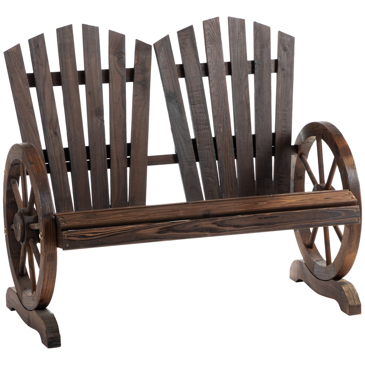 Puinen puutarhapenkki vaunupyöräkäsinojilla, 2-istuttava, 108 cm, tummanruskea