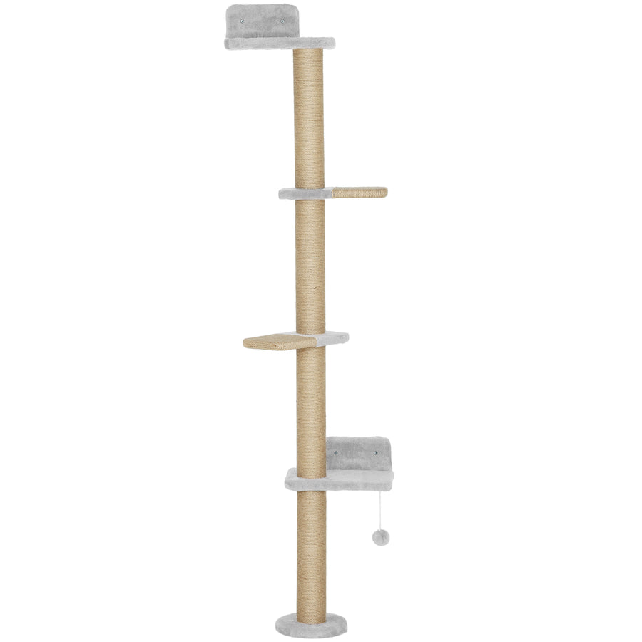 Seinään kiinnitettävä kissan kiipeilypuu, 5 tasoa, 180 cm, vaaleanharmaa