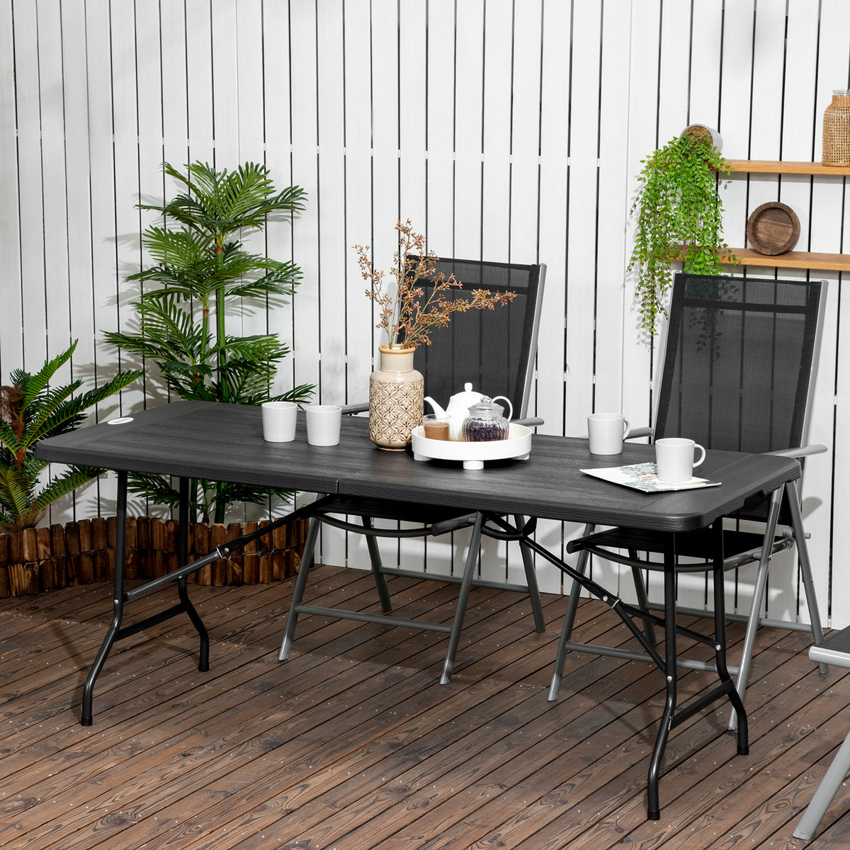 Taittuva puutarhapöytä kuudelle, puukuvio, 180 x 75,5 cm, tummanharmaa