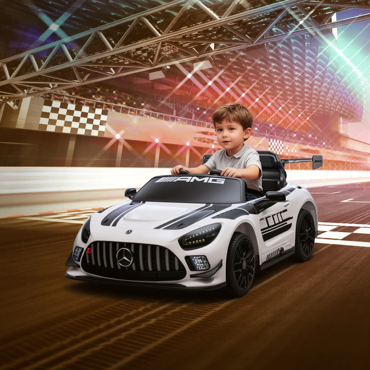 Lasten sähköauto Mercedes-AMG 12V, kaukosäädin, LED ja langaton musiikki, 3–8 v, valkoinen