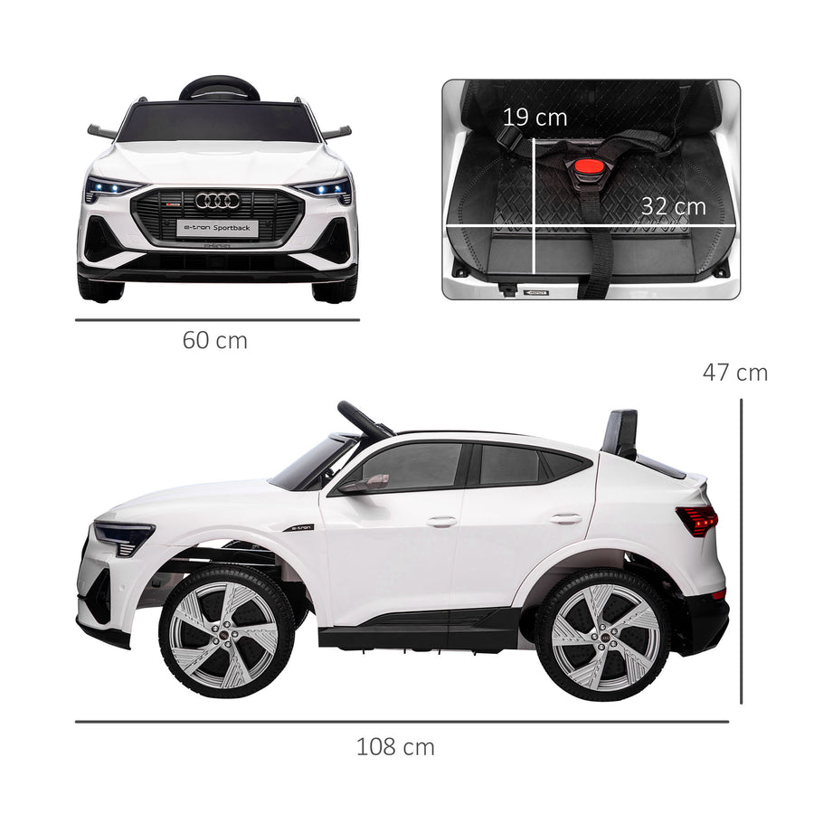 Lasten sähköauto Audi e-tron 12V, kaukosäädin, turvavyö ja musiikki, 3–5 v, valkoinen