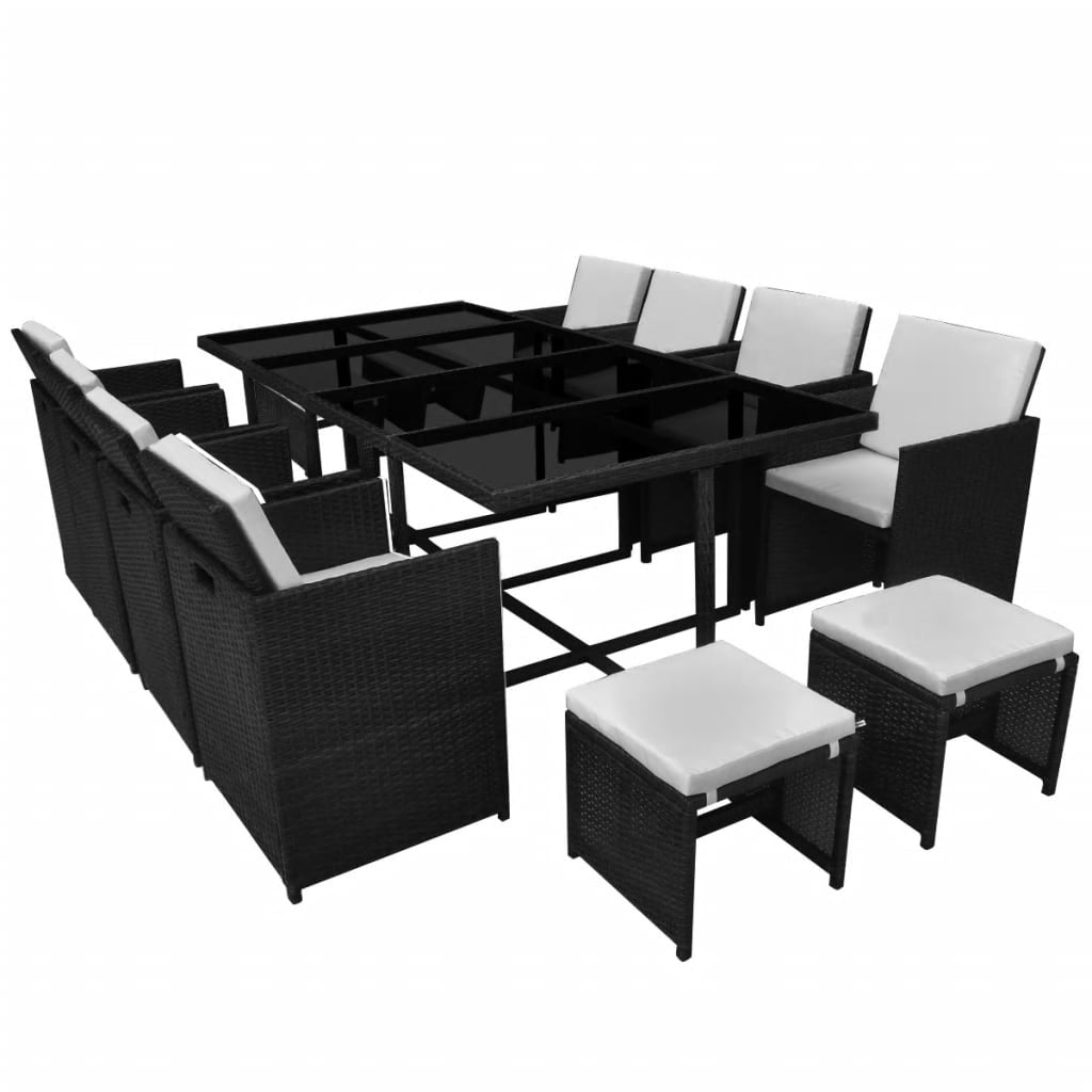 13-osainen Ulkoruokailuryhmä tyynyillä polyrottinki musta