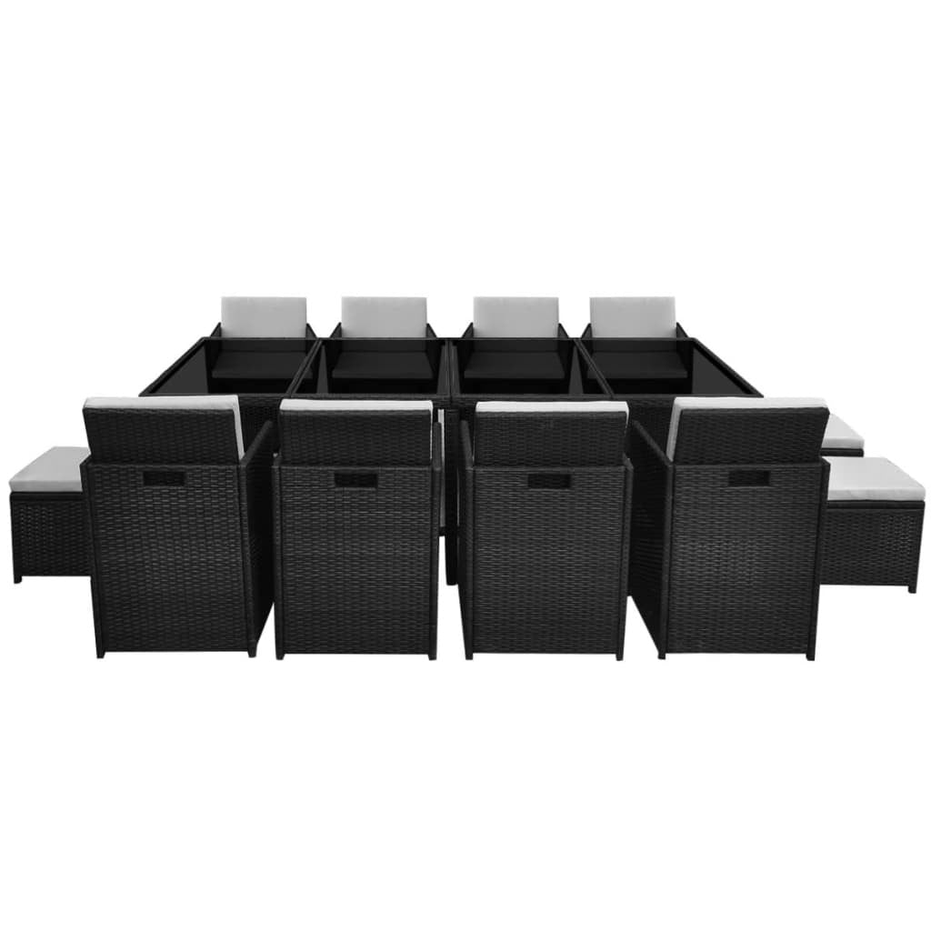 13-osainen Ulkoruokailuryhmä tyynyillä polyrottinki musta