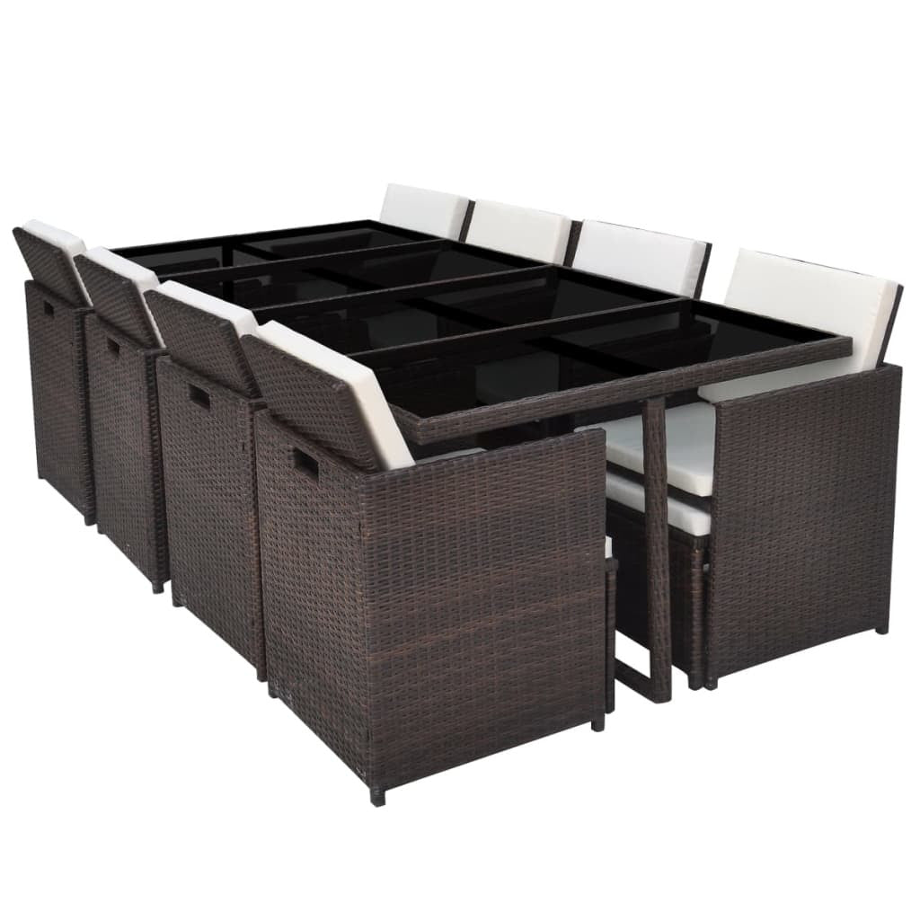 13-osainen Ulkoruokailuryhmä tyynyillä polyrottinki ruskea