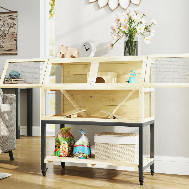 Hamsterbur i trä – tvåvåningsbur för gnagare med hjul och förvaringsutrymme 87 x 43 x 101 cm