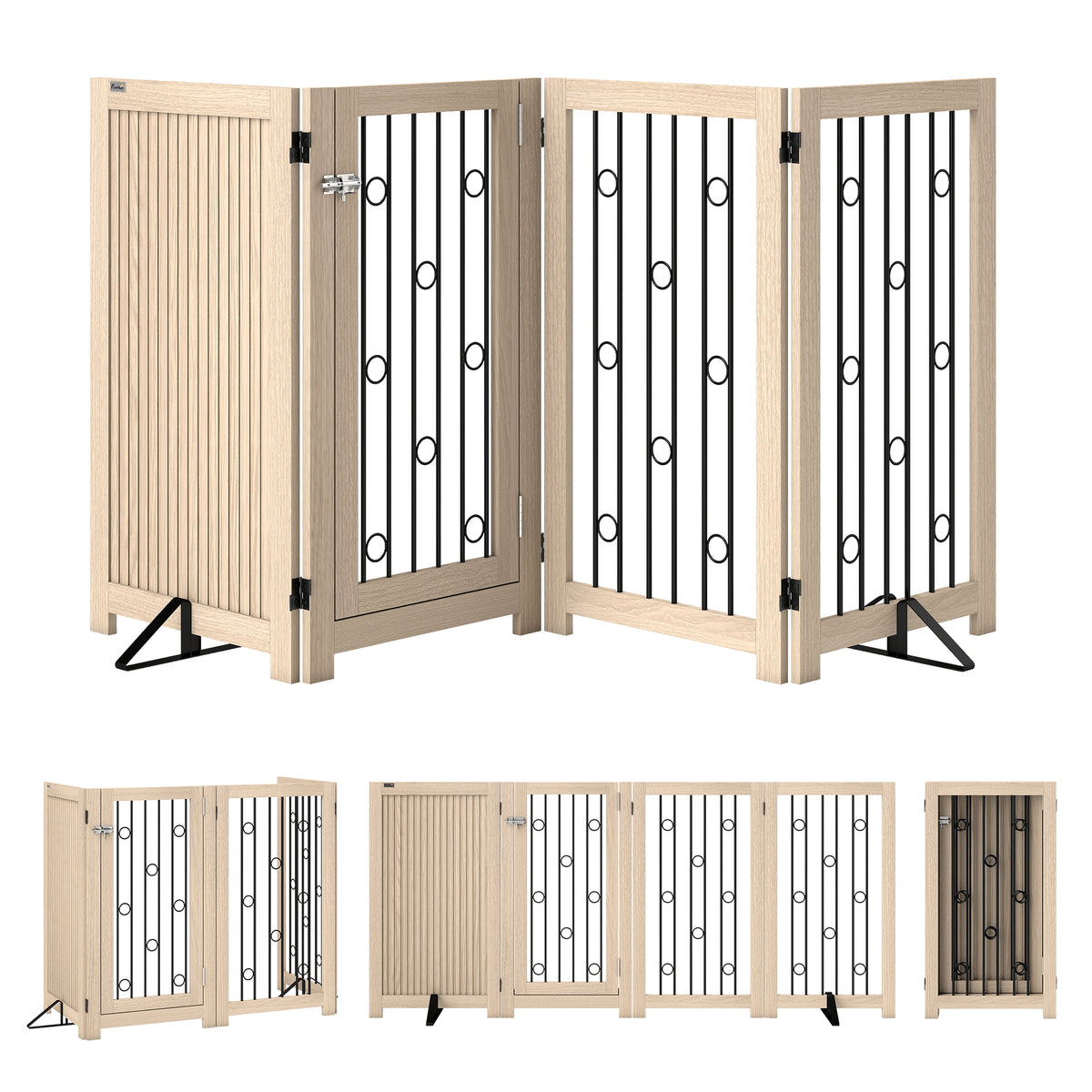 Korkea vapaasti seisova koiraportti ovella, neljä paneelia, MDF ja teräs, 205 x 91,5 cm, tammi