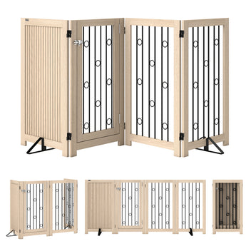 Korkea vapaasti seisova koiraportti ovella, neljä paneelia, MDF ja teräs, 205 x 91,5 cm, tammi
