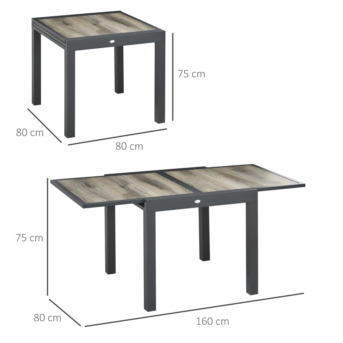 Jatkettava puutarhapöytä alumiinirungolla, 80–160 x 80 cm, beige/harmaa