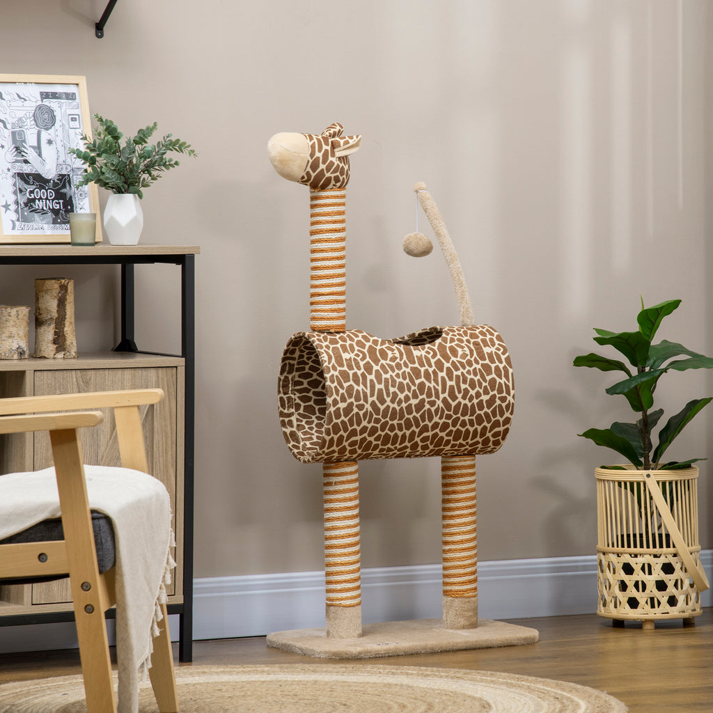 Kirahvin muotoinen kissan raapimispuu tunnelilla, 101 cm, beige