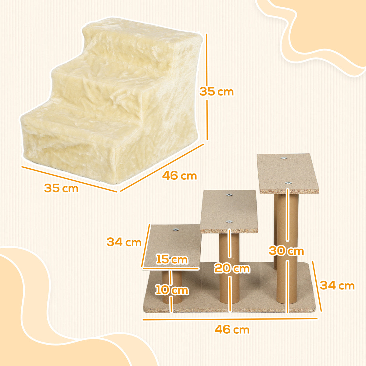 Kokoontaitettavat lemmikin portaat 3 askelmaa, pestävä pluchepäällinen, korkeus 35 cm, beige