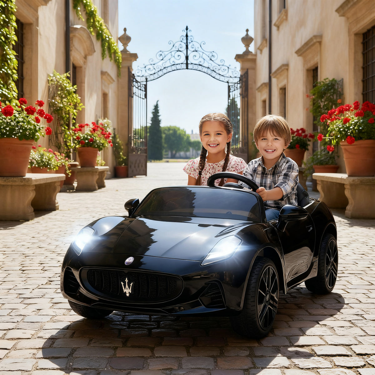 Lasten sähköauto Maserati kahdelle 12V, kaukosäädin, LED ja MP3, 3–8 km/h, musta