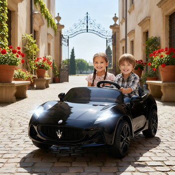 Lasten sähköauto Maserati kahdelle 12V, kaukosäädin, LED ja MP3, 3–8 km/h, musta