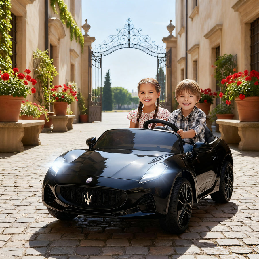 Lasten sähköauto Maserati kahdelle 12V, kaukosäädin, LED ja MP3, 3–8 km/h, musta