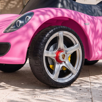 Lasten potkuauto Porsche, ajovalot, äänitorvi ja käynnistysääni, 18–36 kk, pinkki