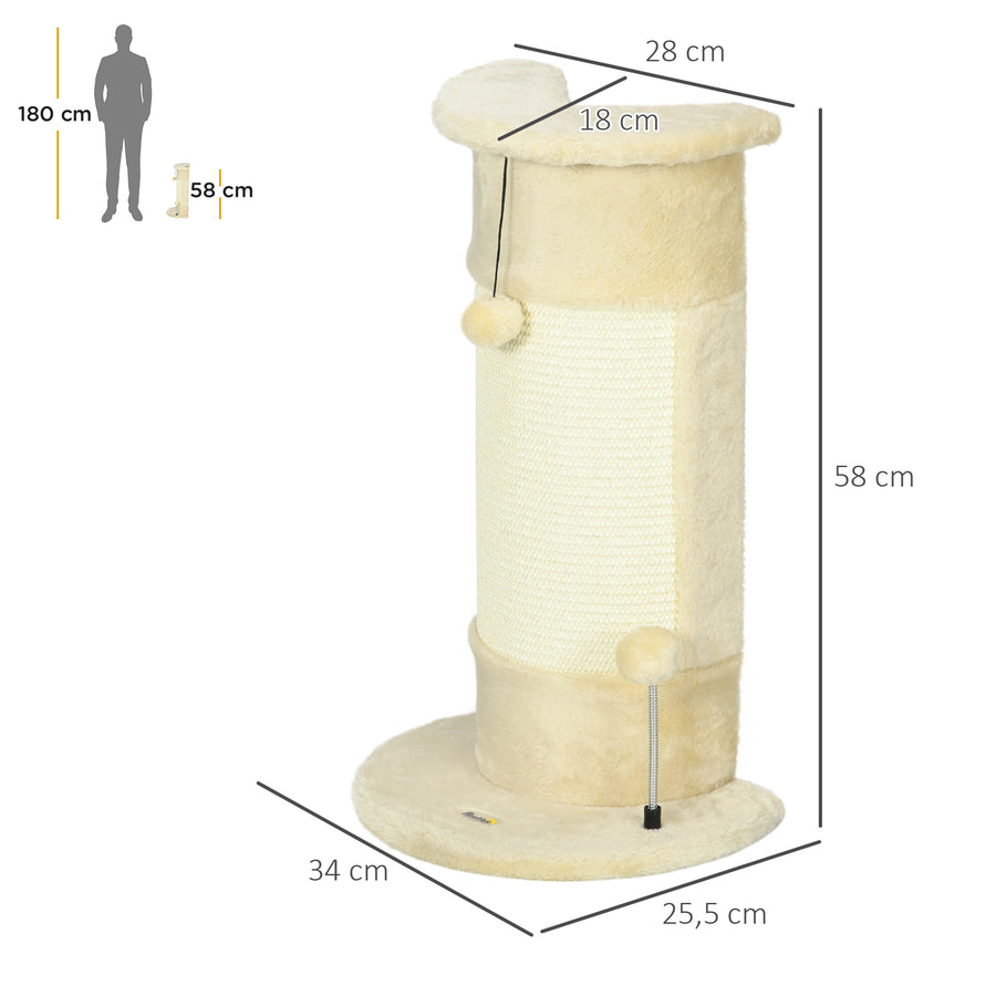 Kulmaan sopiva kissan raapimispylväs kahdella pallolla, 58 cm, kermanvalkoinen