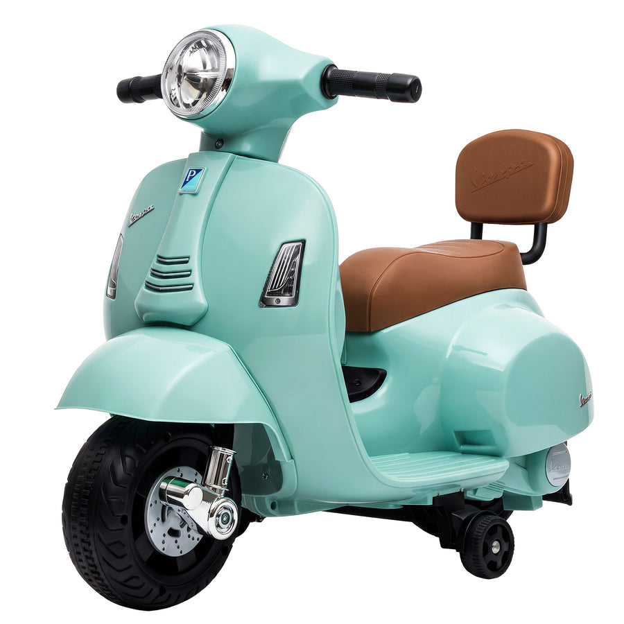 Lasten sähkömopo Mini Vespa GTS litiumakulla, selkänoja ja tukipyörät, 1,5–3 v, vihreä