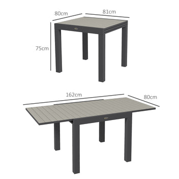 Jatkettava alumiininen puutarhapöytä säleikkökannella, 81–162 x 80 cm, harmaa