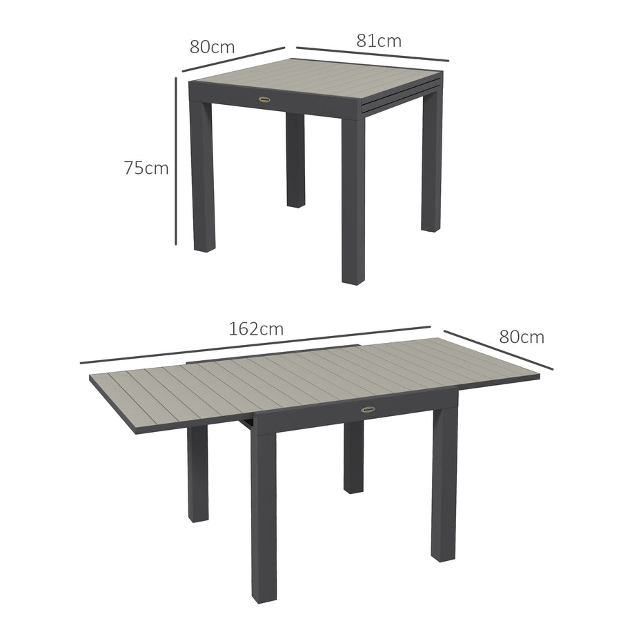 Jatkettava alumiininen puutarhapöytä säleikkökannella, 81–162 x 80 cm, harmaa