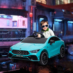 Lasten sähköauto Mercedes-AMG CLA 45, kaukosäädin, jousitus ja LED-valot, 3–6 v, vaaleansininen