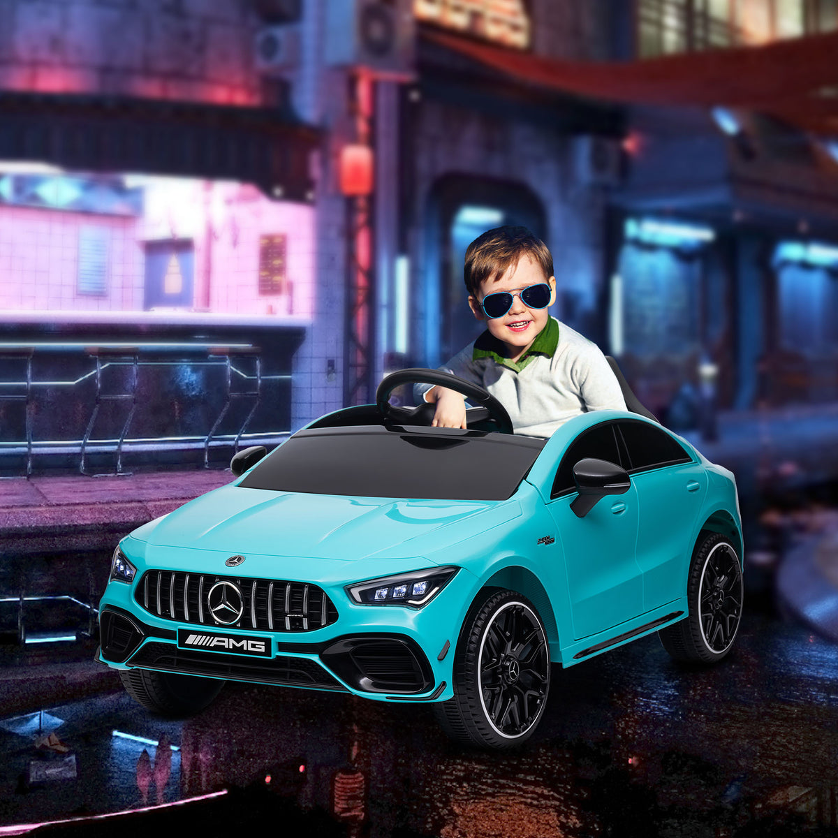Lasten sähköauto Mercedes-AMG CLA 45, kaukosäädin, jousitus ja LED-valot, 3–6 v, vaaleansininen