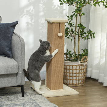 Korkea kissan raapimispylväs juuttiköydellä ja pallolla, 81 cm, beige