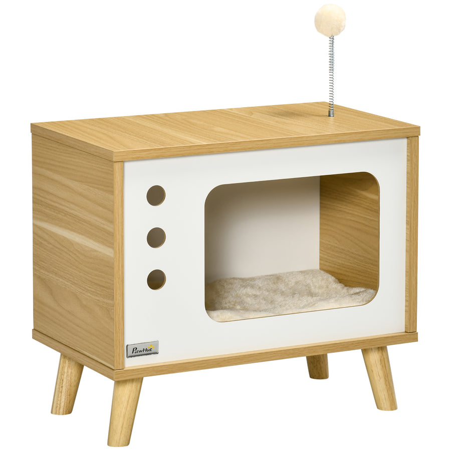 Kissanpesä vanhan television muodossa, pestävä tyyny ja lelu, 50 x 28 x 43 cm, tammi