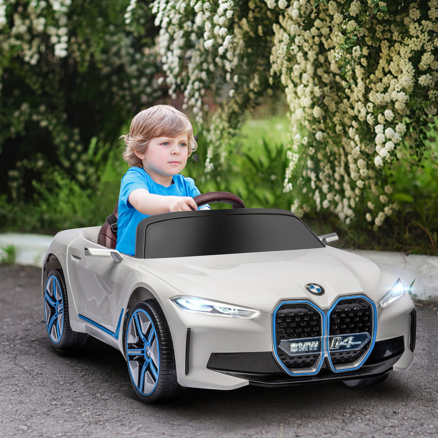 Lasten sähköauto BMW i4 – turvavyö, kaukosäädin ja multimediasoitin, 12V akku, valkoinen