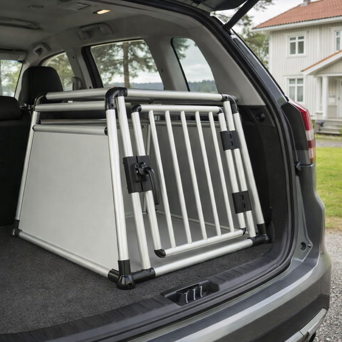 Transportbur för hund 84 x 76 x 64 cm – aluminiumram, MDF-paneler, rundade rör