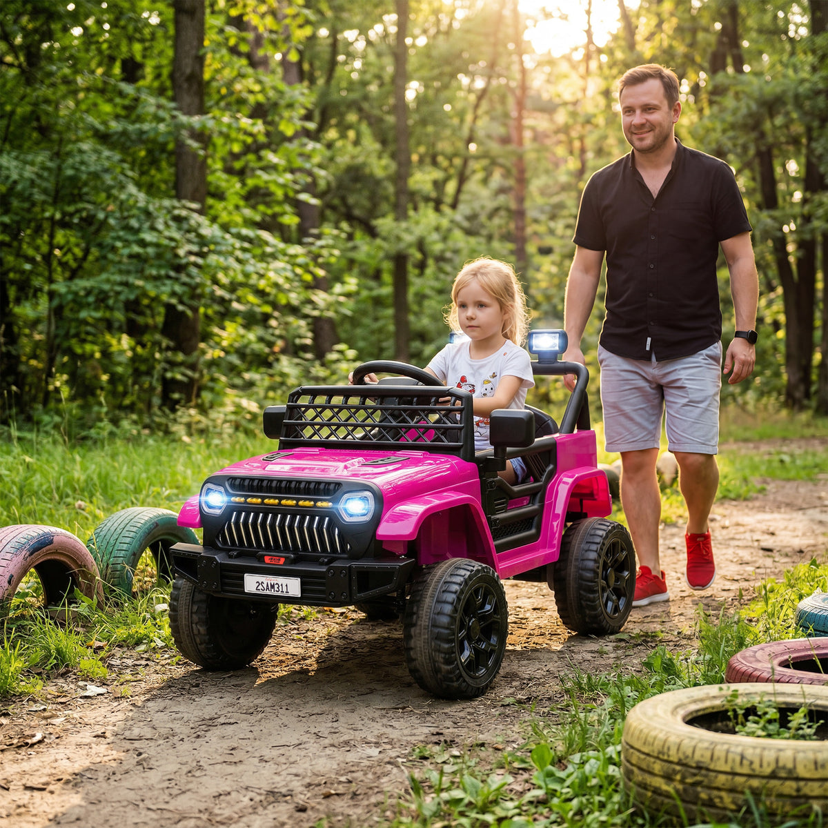 Lasten sähköauto 12V kahdella moottorilla, 2,4 GHz kaukosäädin, LED ja musiikki, 3–8 v, pinkki