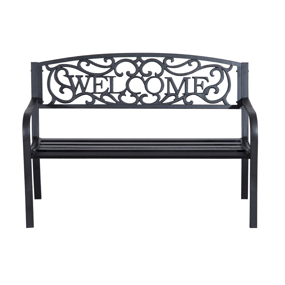 Metallinen puutarhapenkki Welcome-koristeella, 2-istuttava, 127 cm, musta