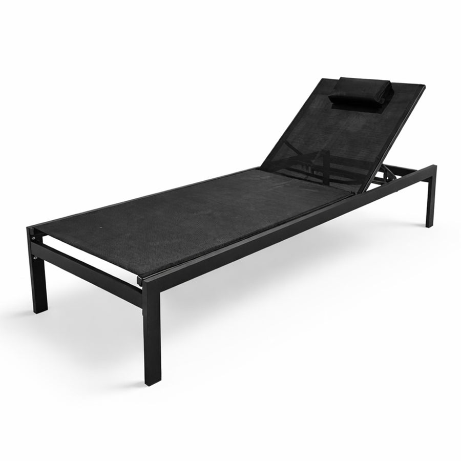 Solstol 195 x 65 x 35 cm – aluminiumram, textilene-tyg, nackkudde, svart