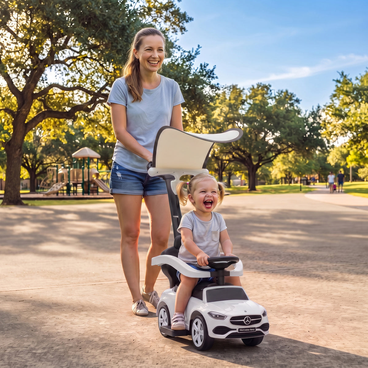 Lasten potkuauto työntötangolla Mercedes-Benz 3-in-1, katos ja musiikki, 12–36 kk, valkoinen