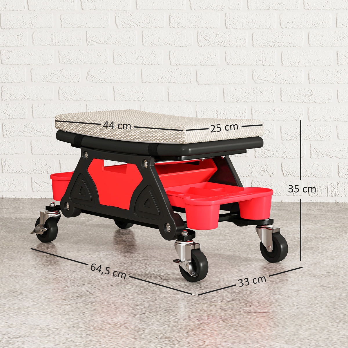Korjaamojakkara pyörillä, työkalutaso ja vetolaatikko, 35 cm, kantavuus 135 kg, harmaa
