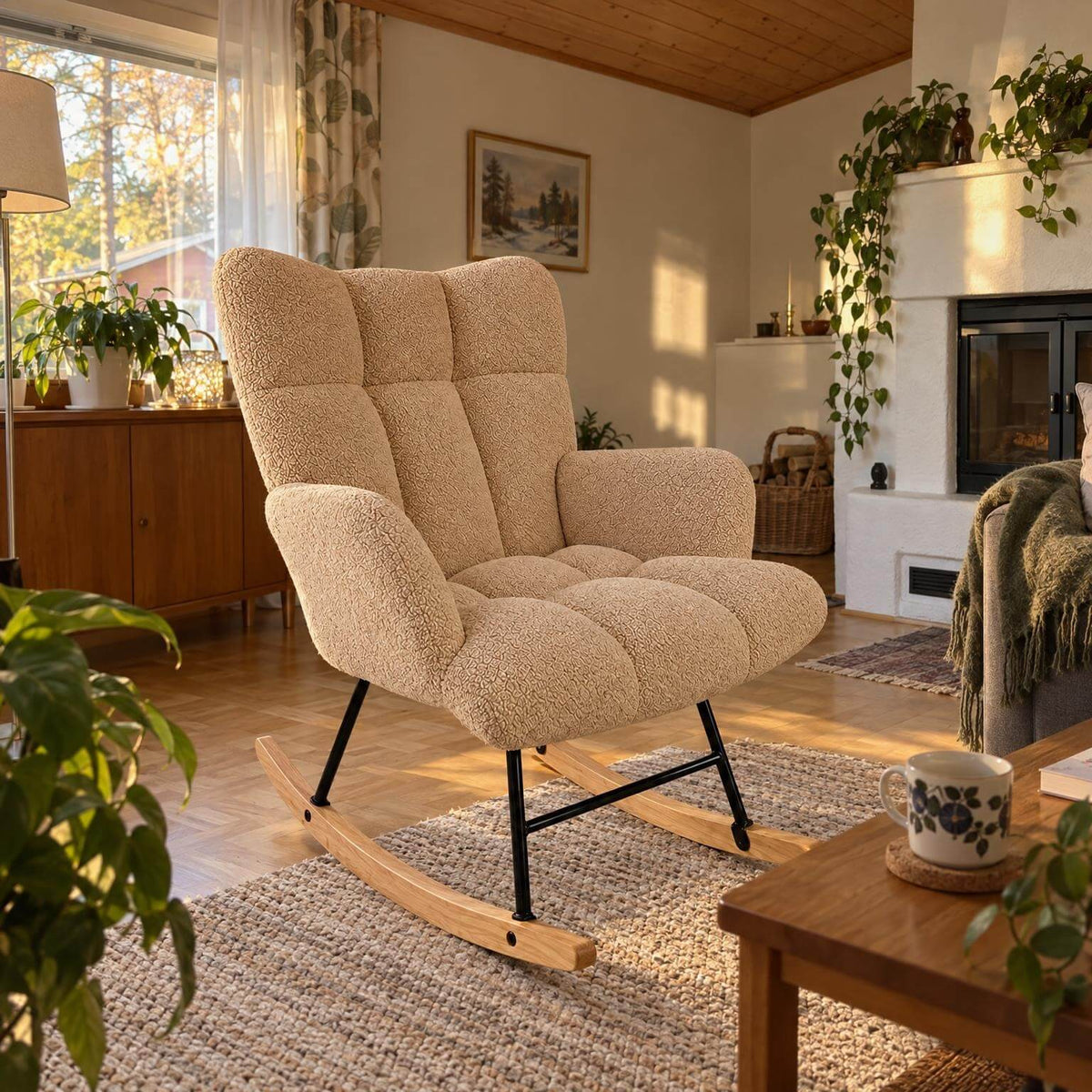Keinutuoli 67 x 97 x 89 cm – pehmustettu, puu- ja teräsjalat, ruskea