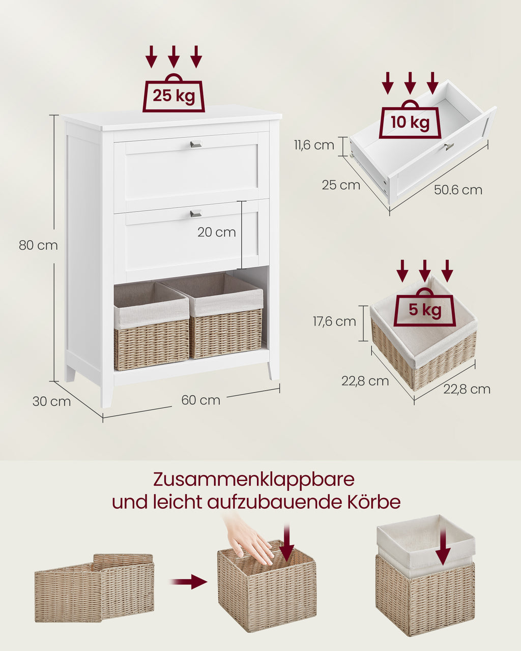Kylpyhuonekaappi, säilytyskaappi 2 laatikolla ja säädettävillä väliseinillä, 2 rottinkikoria, 30 × 60 × 80 cm, pilvenvalkoinen