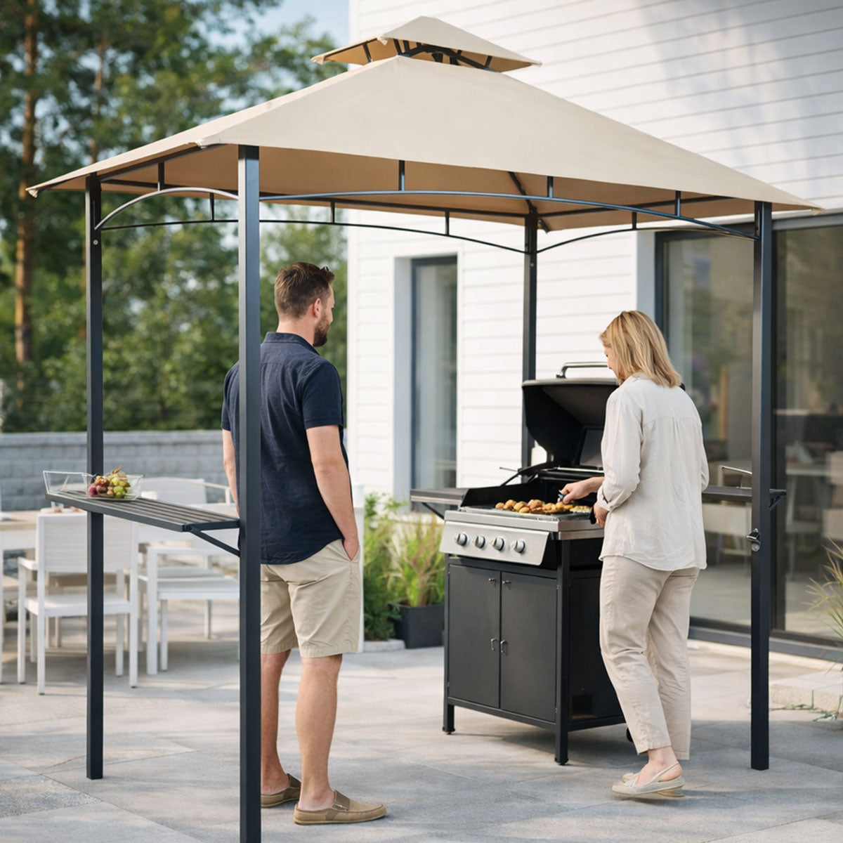 Grillikatos 240 x 150 cm – kaksikerroksinen katto, sivuhyllyt, pullonavaaja, beige