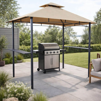 Grilltak 240 x 150 cm – tvåvånings tak, sidohyllor, flasköppnare, beige