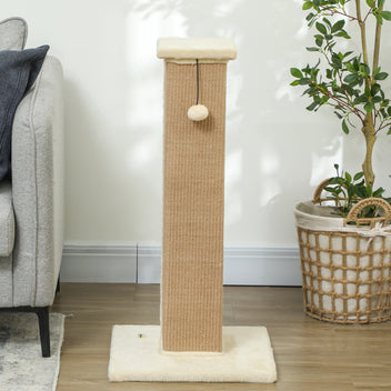 Korkea kissan raapimispylväs juuttiköydellä ja pallolla, 81 cm, beige