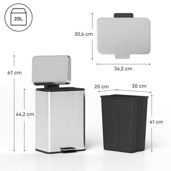 Poljinroskakori 20 l, pehmeästi sulkeutuva kansi, irrotettava sisäastia, ruostumaton teräs, hopea